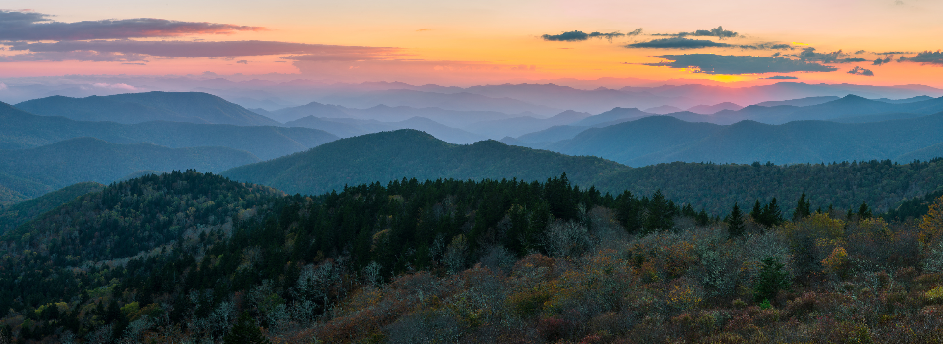 Sunset over a hilly landscape in North Carolina